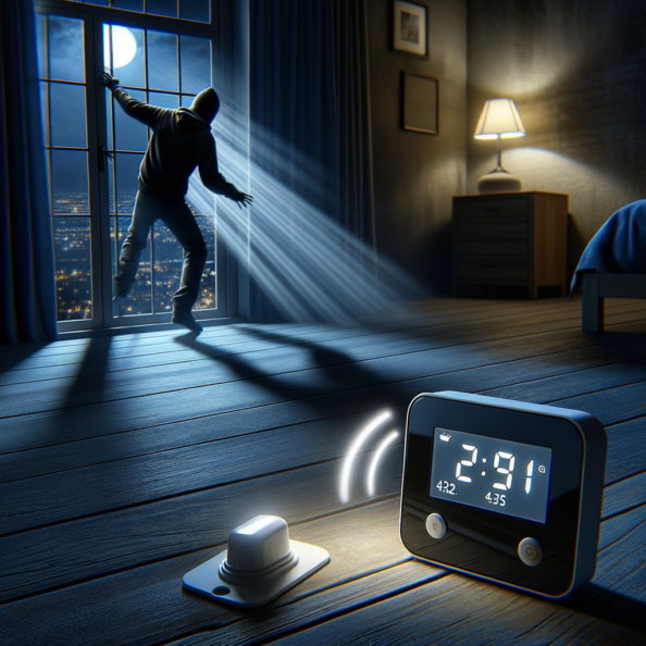 Mentre l’intruso tenta di forzare la finestra, mostra un sottile raggio di luce infrarossa che viene disturbato. In primo piano, un sensore di movimento nascosto nel buio cattura il cambiamento e invia un segnale al sistema di sicurezza. All’interno della casa, mostra il pannello di controllo digitale che si illumina improvvisamente, mentre un allarme discreto ma penetrante risuona nell’aria calma della notte.