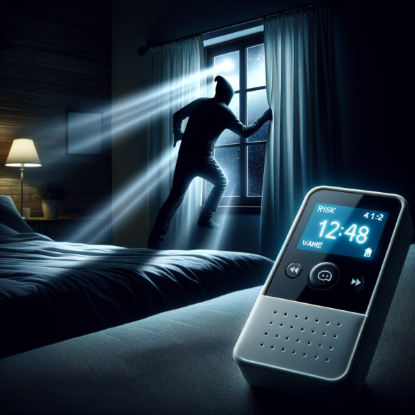 Mentre l’intruso tenta di forzare la finestra, mostra un sottile raggio di luce infrarossa che viene disturbato. In primo piano, un sensore di movimento nascosto nel buio cattura il cambiamento e invia un segnale al sistema di sicurezza. All’interno della casa, mostra il pannello di controllo digitale che si illumina improvvisamente, mentre un allarme discreto ma penetrante risuona nell’aria calma della notte.