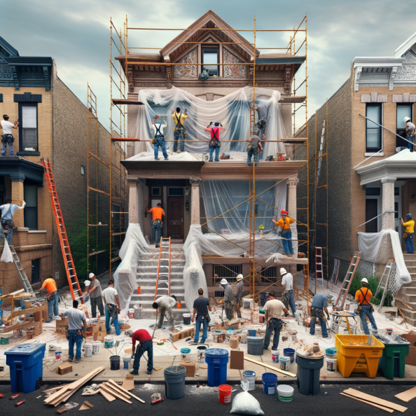 In una tranquilla strada di quartiere, una casa dalle vecchie pareti sbiadite si prepara a subire una trasformazione. Il cantiere di ristrutturazione è un’effervescente sinfonia di attività, con operai che lavorano con fervore per portare nuova vita all’edificio.All’esterno, impalcature avvolgono la casa come un abbraccio protettivo, mentre teloni di plastica proteggono le finestre e le porte dagli elementi. Il suono costante di martelli e trapani riempie l’aria, mescolandosi al vociare degli operai che si scambiano istruzioni e battute.Sul marciapiede, una serie di cassoni gialli e blu attendono di essere riempiti con detriti e materiali da smaltire. Alcuni operai si occupano di rimuovere vecchi elementi strutturali, facendo crollare muri interni per creare spazi più aperti e moderni.All’interno della casa, il suolo è coperto di trucioli di legno e sacchi di cemento, mentre l’odore pungente di vernice fresca si diffonde nell’aria. Elettricisti si arrampicano sulle scale per installare nuovi impianti elettrici, mentre idraulici lavorano sotto il lavandino della cucina per sostituire vecchie tubature con nuovi sistemi moderni.Nel soggiorno, operai abili rimuovono vecchi rivestimenti murali per scoprire le pareti di mattoni originarie, pronte ad essere restaurate e riportate al loro antico splendore. Lungo il corridoio, altri operai applicano stucco fresco e liscio, preparando le pareti per una nuova finitura.Nonostante il caos apparente, c’è un senso di eccitazione nell’aria, un’anticipazione per la trasformazione imminente. Ogni battito di martello e ogni pennellata di vernice porta l’edificio un passo più vicino alla sua nuova vita, pronta a accogliere i suoi abitanti con comfort e stile rinnovati.