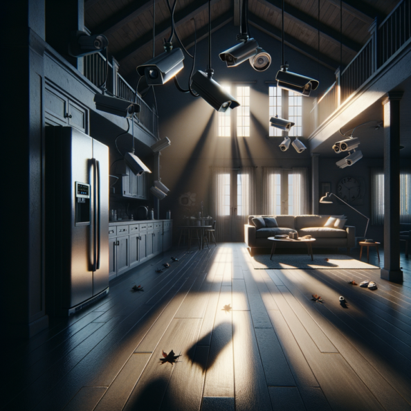 Nel silenzio di una casa deserta, l’unico rumore è il lieve ronzio dell’impianto di climatizzazione che riecheggia nei corridoi vuoti. L’atmosfera è tranquilla, ma gli occhi vigili delle telecamere di sorveglianza non conoscono riposo.Nella penombra delle stanze, le telecamere montate strategicamente scrutano ogni angolo con precisione chirurgica. Zoomano sui dettagli più piccoli, catturando ogni movimento, ogni variazione di luce, ogni segno di vita o di intrusione.Una telecamera montata sopra l’ingresso principale osserva silenziosamente mentre una foglia sospinta dal vento scivola sul marciapiede vuoto. Un’altra telecamera, posizionata nel soggiorno, inquadra il divano vuoto, la luce del sole che filtra dalle tende e crea motivi d’ombra sul pavimento immacolato.Nel frattempo, una terza telecamera panning, nascosta sotto un mobile, sorveglia la cucina, registrando ogni scatto del frigorifero che si apre e si chiude con il passaggio dell’aria condizionata.L’impianto di videosorveglianza funziona come un occhio onniveggente, senza emozioni né distrazioni. Non c’è bisogno di riposo o pausa, solo la continua vigilanza su ogni centimetro della casa.La casa, priva di persone, è avvolta nel suo silenzio solitario, ma gli occhi delle telecamere restano aperti, pronti a catturare qualsiasi evento che si verifichi, garantendo la sicurezza e la protezione anche quando gli abitanti sono lontani.