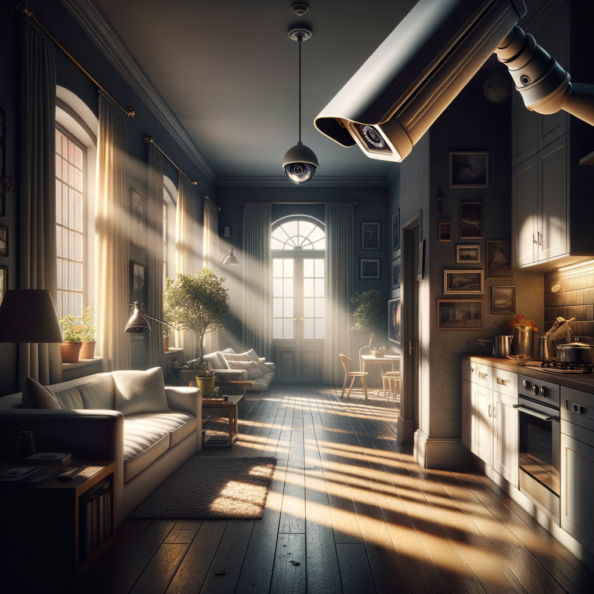 Nel silenzio di una casa deserta, l’unico rumore è il lieve ronzio dell’impianto di climatizzazione che riecheggia nei corridoi vuoti. L’atmosfera è tranquilla, ma gli occhi vigili delle telecamere di sorveglianza non conoscono riposo.Nella penombra delle stanze, le telecamere montate strategicamente scrutano ogni angolo con precisione chirurgica. Zoomano sui dettagli più piccoli, catturando ogni movimento, ogni variazione di luce, ogni segno di vita o di intrusione.Una telecamera montata sopra l’ingresso principale osserva silenziosamente mentre una foglia sospinta dal vento scivola sul marciapiede vuoto. Un’altra telecamera, posizionata nel soggiorno, inquadra il divano vuoto, la luce del sole che filtra dalle tende e crea motivi d’ombra sul pavimento immacolato.Nel frattempo, una terza telecamera panning, nascosta sotto un mobile, sorveglia la cucina, registrando ogni scatto del frigorifero che si apre e si chiude con il passaggio dell’aria condizionata.L’impianto di videosorveglianza funziona come un occhio onniveggente, senza emozioni né distrazioni. Non c’è bisogno di riposo o pausa, solo la continua vigilanza su ogni centimetro della casa.La casa, priva di persone, è avvolta nel suo silenzio solitario, ma gli occhi delle telecamere restano aperti, pronti a catturare qualsiasi evento che si verifichi, garantendo la sicurezza e la protezione anche quando gli abitanti sono lontani.