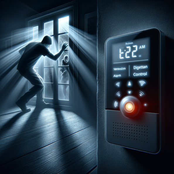 Mentre l’intruso tenta di forzare la finestra, mostra un sottile raggio di luce infrarossa che viene disturbato. In primo piano, un sensore di movimento nascosto nel buio cattura il cambiamento e invia un segnale al sistema di sicurezza. All’interno della casa, mostra il pannello di controllo digitale che si illumina improvvisamente, mentre un allarme discreto ma penetrante risuona nell’aria calma della notte.