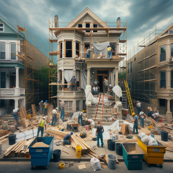 In una tranquilla strada di quartiere, una casa dalle vecchie pareti sbiadite si prepara a subire una trasformazione. Il cantiere di ristrutturazione è un’effervescente sinfonia di attività, con operai che lavorano con fervore per portare nuova vita all’edificio.All’esterno, impalcature avvolgono la casa come un abbraccio protettivo, mentre teloni di plastica proteggono le finestre e le porte dagli elementi. Il suono costante di martelli e trapani riempie l’aria, mescolandosi al vociare degli operai che si scambiano istruzioni e battute.Sul marciapiede, una serie di cassoni gialli e blu attendono di essere riempiti con detriti e materiali da smaltire. Alcuni operai si occupano di rimuovere vecchi elementi strutturali, facendo crollare muri interni per creare spazi più aperti e moderni.All’interno della casa, il suolo è coperto di trucioli di legno e sacchi di cemento, mentre l’odore pungente di vernice fresca si diffonde nell’aria. Elettricisti si arrampicano sulle scale per installare nuovi impianti elettrici, mentre idraulici lavorano sotto il lavandino della cucina per sostituire vecchie tubature con nuovi sistemi moderni.Nel soggiorno, operai abili rimuovono vecchi rivestimenti murali per scoprire le pareti di mattoni originarie, pronte ad essere restaurate e riportate al loro antico splendore. Lungo il corridoio, altri operai applicano stucco fresco e liscio, preparando le pareti per una nuova finitura.Nonostante il caos apparente, c’è un senso di eccitazione nell’aria, un’anticipazione per la trasformazione imminente. Ogni battito di martello e ogni pennellata di vernice porta l’edificio un passo più vicino alla sua nuova vita, pronta a accogliere i suoi abitanti con comfort e stile rinnovati.