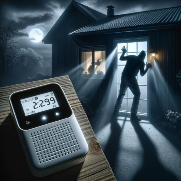 Mentre l’intruso tenta di forzare la finestra, mostra un sottile raggio di luce infrarossa che viene disturbato. In primo piano, un sensore di movimento nascosto nel buio cattura il cambiamento e invia un segnale al sistema di sicurezza. All’interno della casa, mostra il pannello di controllo digitale che si illumina improvvisamente, mentre un allarme discreto ma penetrante risuona nell’aria calma della notte.