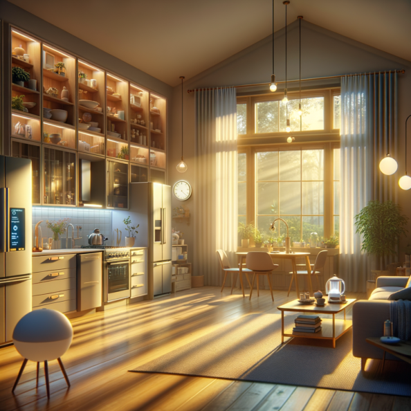 In una tranquilla casa di periferia, avvolta nell’atmosfera serena del pomeriggio, gli interni sono illuminati da una luce naturale che filtra attraverso le finestre. Non c’è nessuno in casa, ma il silenzio è interrotto solo dal leggero ronzio dei dispositivi elettronici.Nel soggiorno, la luce dell’ambiente si regola automaticamente, adattandosi alla luce naturale che varia con il trascorrere del giorno. Le tende si aprono e si chiudono delicatamente, seguendo un programma prestabilito per garantire la giusta quantità di luce e privacy in ogni momento.Nella cucina, un bollitore ad acqua si accende autonomamente, pronto a preparare una tazza di tè per il ritorno degli abitanti. Il frigorifero, dotato di sensori intelligenti, controlla costantemente la temperatura e la quantità di cibo al suo interno, avvisando di eventuali necessità di rifornimento o di problemi di conservazione.Nelle stanze da letto, i letti regolano automaticamente la loro temperatura e inclinazione per garantire un sonno confortevole. Le luci notturne si accendono dolcemente quando il sensore di movimento rileva un passaggio, illuminando il percorso senza disturbare il sonno.Nel bagno, il sistema di ventilazione si attiva autonomamente quando viene rilevata un’alta umidità, prevenendo la formazione di muffa e mantenendo l’ambiente fresco e asciutto.All’esterno, il sistema di irrigazione del giardino entra in azione, distribuendo l’acqua in modo uniforme e efficiente per mantenere il verde rigoglioso e vivace.Non c’è nessuno in casa, ma gli impianti di domotica lavorano instancabilmente per garantire il comfort, la sicurezza e l’efficienza energetica della dimora, creando un ambiente accogliente e funzionale che attende pazientemente il ritorno dei suoi abitanti.