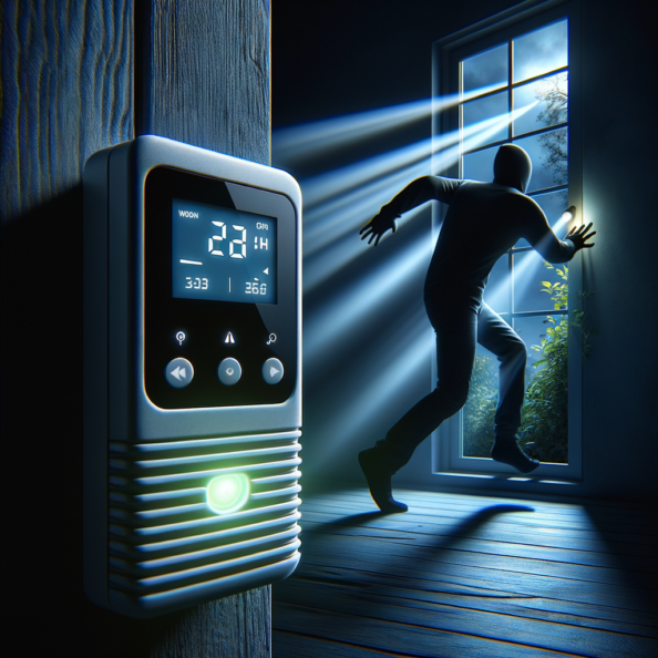 Mentre l’intruso tenta di forzare la finestra, mostra un sottile raggio di luce infrarossa che viene disturbato. In primo piano, un sensore di movimento nascosto nel buio cattura il cambiamento e invia un segnale al sistema di sicurezza. All’interno della casa, mostra il pannello di controllo digitale che si illumina improvvisamente, mentre un allarme discreto ma penetrante risuona nell’aria calma della notte.