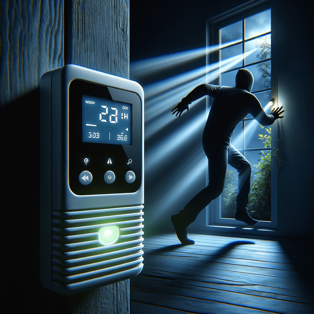 Mentre l’intruso tenta di forzare la finestra, mostra un sottile raggio di luce infrarossa che viene disturbato. In primo piano, un sensore di movimento nascosto nel buio cattura il cambiamento e invia un segnale al sistema di sicurezza. All’interno della casa, mostra il pannello di controllo digitale che si illumina improvvisamente, mentre un allarme discreto ma penetrante risuona nell’aria calma della notte.