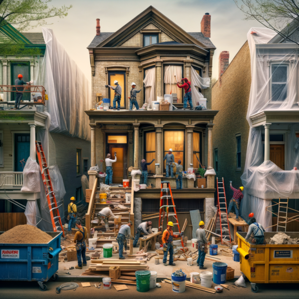 In una tranquilla strada di quartiere, una casa dalle vecchie pareti sbiadite si prepara a subire una trasformazione. Il cantiere di ristrutturazione è un’effervescente sinfonia di attività, con operai che lavorano con fervore per portare nuova vita all’edificio.All’esterno, impalcature avvolgono la casa come un abbraccio protettivo, mentre teloni di plastica proteggono le finestre e le porte dagli elementi. Il suono costante di martelli e trapani riempie l’aria, mescolandosi al vociare degli operai che si scambiano istruzioni e battute.Sul marciapiede, una serie di cassoni gialli e blu attendono di essere riempiti con detriti e materiali da smaltire. Alcuni operai si occupano di rimuovere vecchi elementi strutturali, facendo crollare muri interni per creare spazi più aperti e moderni.All’interno della casa, il suolo è coperto di trucioli di legno e sacchi di cemento, mentre l’odore pungente di vernice fresca si diffonde nell’aria. Elettricisti si arrampicano sulle scale per installare nuovi impianti elettrici, mentre idraulici lavorano sotto il lavandino della cucina per sostituire vecchie tubature con nuovi sistemi moderni.Nel soggiorno, operai abili rimuovono vecchi rivestimenti murali per scoprire le pareti di mattoni originarie, pronte ad essere restaurate e riportate al loro antico splendore. Lungo il corridoio, altri operai applicano stucco fresco e liscio, preparando le pareti per una nuova finitura.Nonostante il caos apparente, c’è un senso di eccitazione nell’aria, un’anticipazione per la trasformazione imminente. Ogni battito di martello e ogni pennellata di vernice porta l’edificio un passo più vicino alla sua nuova vita, pronta a accogliere i suoi abitanti con comfort e stile rinnovati.