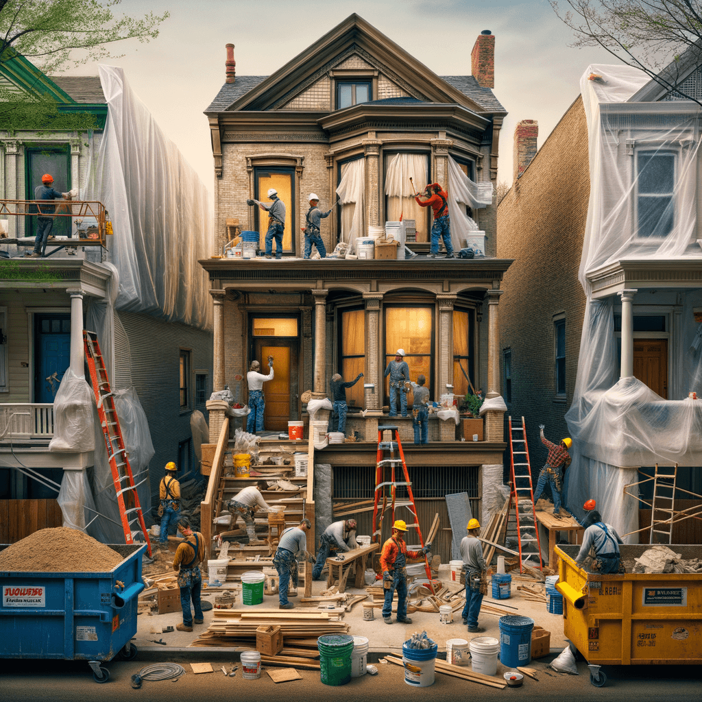 In una tranquilla strada di quartiere, una casa dalle vecchie pareti sbiadite si prepara a subire una trasformazione. Il cantiere di ristrutturazione è un’effervescente sinfonia di attività, con operai che lavorano con fervore per portare nuova vita all’edificio.All’esterno, impalcature avvolgono la casa come un abbraccio protettivo, mentre teloni di plastica proteggono le finestre e le porte dagli elementi. Il suono costante di martelli e trapani riempie l’aria, mescolandosi al vociare degli operai che si scambiano istruzioni e battute.Sul marciapiede, una serie di cassoni gialli e blu attendono di essere riempiti con detriti e materiali da smaltire. Alcuni operai si occupano di rimuovere vecchi elementi strutturali, facendo crollare muri interni per creare spazi più aperti e moderni.All’interno della casa, il suolo è coperto di trucioli di legno e sacchi di cemento, mentre l’odore pungente di vernice fresca si diffonde nell’aria. Elettricisti si arrampicano sulle scale per installare nuovi impianti elettrici, mentre idraulici lavorano sotto il lavandino della cucina per sostituire vecchie tubature con nuovi sistemi moderni.Nel soggiorno, operai abili rimuovono vecchi rivestimenti murali per scoprire le pareti di mattoni originarie, pronte ad essere restaurate e riportate al loro antico splendore. Lungo il corridoio, altri operai applicano stucco fresco e liscio, preparando le pareti per una nuova finitura.Nonostante il caos apparente, c’è un senso di eccitazione nell’aria, un’anticipazione per la trasformazione imminente. Ogni battito di martello e ogni pennellata di vernice porta l’edificio un passo più vicino alla sua nuova vita, pronta a accogliere i suoi abitanti con comfort e stile rinnovati.