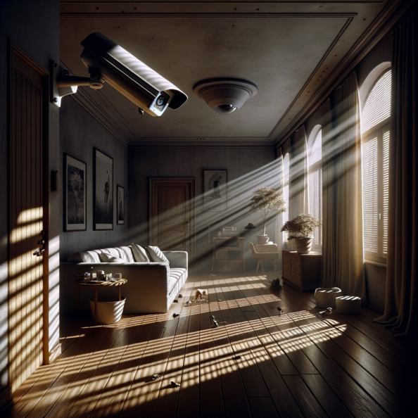 Nel silenzio di una casa deserta, l’unico rumore è il lieve ronzio dell’impianto di climatizzazione che riecheggia nei corridoi vuoti. L’atmosfera è tranquilla, ma gli occhi vigili delle telecamere di sorveglianza non conoscono riposo.Nella penombra delle stanze, le telecamere montate strategicamente scrutano ogni angolo con precisione chirurgica. Zoomano sui dettagli più piccoli, catturando ogni movimento, ogni variazione di luce, ogni segno di vita o di intrusione.Una telecamera montata sopra l’ingresso principale osserva silenziosamente mentre una foglia sospinta dal vento scivola sul marciapiede vuoto. Un’altra telecamera, posizionata nel soggiorno, inquadra il divano vuoto, la luce del sole che filtra dalle tende e crea motivi d’ombra sul pavimento immacolato.Nel frattempo, una terza telecamera panning, nascosta sotto un mobile, sorveglia la cucina, registrando ogni scatto del frigorifero che si apre e si chiude con il passaggio dell’aria condizionata.L’impianto di videosorveglianza funziona come un occhio onniveggente, senza emozioni né distrazioni. Non c’è bisogno di riposo o pausa, solo la continua vigilanza su ogni centimetro della casa.La casa, priva di persone, è avvolta nel suo silenzio solitario, ma gli occhi delle telecamere restano aperti, pronti a catturare qualsiasi evento che si verifichi, garantendo la sicurezza e la protezione anche quando gli abitanti sono lontani.
