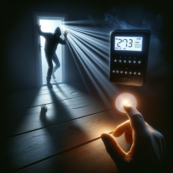 Mentre l’intruso tenta di forzare la finestra, mostra un sottile raggio di luce infrarossa che viene disturbato. In primo piano, un sensore di movimento nascosto nel buio cattura il cambiamento e invia un segnale al sistema di sicurezza. All’interno della casa, mostra il pannello di controllo digitale che si illumina improvvisamente, mentre un allarme discreto ma penetrante risuona nell’aria calma della notte.