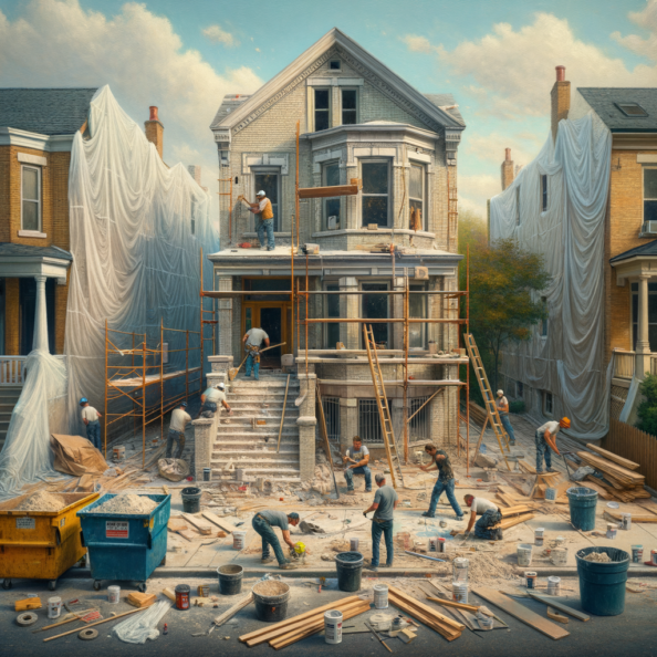 In una tranquilla strada di quartiere, una casa dalle vecchie pareti sbiadite si prepara a subire una trasformazione. Il cantiere di ristrutturazione è un’effervescente sinfonia di attività, con operai che lavorano con fervore per portare nuova vita all’edificio.All’esterno, impalcature avvolgono la casa come un abbraccio protettivo, mentre teloni di plastica proteggono le finestre e le porte dagli elementi. Il suono costante di martelli e trapani riempie l’aria, mescolandosi al vociare degli operai che si scambiano istruzioni e battute.Sul marciapiede, una serie di cassoni gialli e blu attendono di essere riempiti con detriti e materiali da smaltire. Alcuni operai si occupano di rimuovere vecchi elementi strutturali, facendo crollare muri interni per creare spazi più aperti e moderni.All’interno della casa, il suolo è coperto di trucioli di legno e sacchi di cemento, mentre l’odore pungente di vernice fresca si diffonde nell’aria. Elettricisti si arrampicano sulle scale per installare nuovi impianti elettrici, mentre idraulici lavorano sotto il lavandino della cucina per sostituire vecchie tubature con nuovi sistemi moderni.Nel soggiorno, operai abili rimuovono vecchi rivestimenti murali per scoprire le pareti di mattoni originarie, pronte ad essere restaurate e riportate al loro antico splendore. Lungo il corridoio, altri operai applicano stucco fresco e liscio, preparando le pareti per una nuova finitura.Nonostante il caos apparente, c’è un senso di eccitazione nell’aria, un’anticipazione per la trasformazione imminente. Ogni battito di martello e ogni pennellata di vernice porta l’edificio un passo più vicino alla sua nuova vita, pronta a accogliere i suoi abitanti con comfort e stile rinnovati.