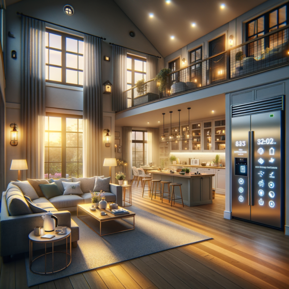 In una tranquilla casa di periferia, avvolta nell’atmosfera serena del pomeriggio, gli interni sono illuminati da una luce naturale che filtra attraverso le finestre. Non c’è nessuno in casa, ma il silenzio è interrotto solo dal leggero ronzio dei dispositivi elettronici.Nel soggiorno, la luce dell’ambiente si regola automaticamente, adattandosi alla luce naturale che varia con il trascorrere del giorno. Le tende si aprono e si chiudono delicatamente, seguendo un programma prestabilito per garantire la giusta quantità di luce e privacy in ogni momento.Nella cucina, un bollitore ad acqua si accende autonomamente, pronto a preparare una tazza di tè per il ritorno degli abitanti. Il frigorifero, dotato di sensori intelligenti, controlla costantemente la temperatura e la quantità di cibo al suo interno, avvisando di eventuali necessità di rifornimento o di problemi di conservazione.Nelle stanze da letto, i letti regolano automaticamente la loro temperatura e inclinazione per garantire un sonno confortevole. Le luci notturne si accendono dolcemente quando il sensore di movimento rileva un passaggio, illuminando il percorso senza disturbare il sonno.Nel bagno, il sistema di ventilazione si attiva autonomamente quando viene rilevata un’alta umidità, prevenendo la formazione di muffa e mantenendo l’ambiente fresco e asciutto.All’esterno, il sistema di irrigazione del giardino entra in azione, distribuendo l’acqua in modo uniforme e efficiente per mantenere il verde rigoglioso e vivace.Non c’è nessuno in casa, ma gli impianti di domotica lavorano instancabilmente per garantire il comfort, la sicurezza e l’efficienza energetica della dimora, creando un ambiente accogliente e funzionale che attende pazientemente il ritorno dei suoi abitanti.