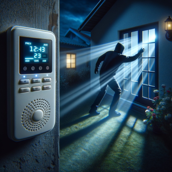 Mentre l’intruso tenta di forzare la finestra, mostra un sottile raggio di luce infrarossa che viene disturbato. In primo piano, un sensore di movimento nascosto nel buio cattura il cambiamento e invia un segnale al sistema di sicurezza. All’interno della casa, mostra il pannello di controllo digitale che si illumina improvvisamente, mentre un allarme discreto ma penetrante risuona nell’aria calma della notte.