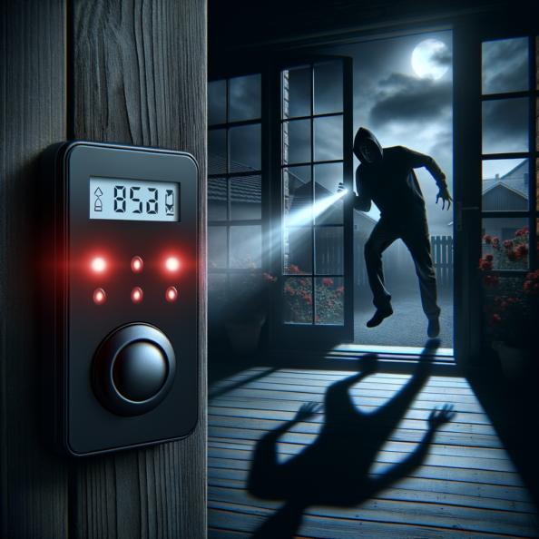 Mentre l’intruso tenta di forzare la finestra, mostra un sottile raggio di luce infrarossa che viene disturbato. In primo piano, un sensore di movimento nascosto nel buio cattura il cambiamento e invia un segnale al sistema di sicurezza. All’interno della casa, mostra il pannello di controllo digitale che si illumina improvvisamente, mentre un allarme discreto ma penetrante risuona nell’aria calma della notte.