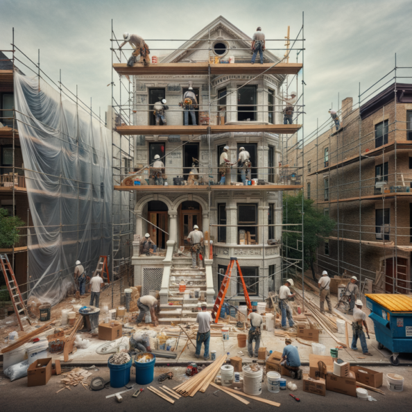 In una tranquilla strada di quartiere, una casa dalle vecchie pareti sbiadite si prepara a subire una trasformazione. Il cantiere di ristrutturazione è un’effervescente sinfonia di attività, con operai che lavorano con fervore per portare nuova vita all’edificio.All’esterno, impalcature avvolgono la casa come un abbraccio protettivo, mentre teloni di plastica proteggono le finestre e le porte dagli elementi. Il suono costante di martelli e trapani riempie l’aria, mescolandosi al vociare degli operai che si scambiano istruzioni e battute.Sul marciapiede, una serie di cassoni gialli e blu attendono di essere riempiti con detriti e materiali da smaltire. Alcuni operai si occupano di rimuovere vecchi elementi strutturali, facendo crollare muri interni per creare spazi più aperti e moderni.All’interno della casa, il suolo è coperto di trucioli di legno e sacchi di cemento, mentre l’odore pungente di vernice fresca si diffonde nell’aria. Elettricisti si arrampicano sulle scale per installare nuovi impianti elettrici, mentre idraulici lavorano sotto il lavandino della cucina per sostituire vecchie tubature con nuovi sistemi moderni.Nel soggiorno, operai abili rimuovono vecchi rivestimenti murali per scoprire le pareti di mattoni originarie, pronte ad essere restaurate e riportate al loro antico splendore. Lungo il corridoio, altri operai applicano stucco fresco e liscio, preparando le pareti per una nuova finitura.Nonostante il caos apparente, c’è un senso di eccitazione nell’aria, un’anticipazione per la trasformazione imminente. Ogni battito di martello e ogni pennellata di vernice porta l’edificio un passo più vicino alla sua nuova vita, pronta a accogliere i suoi abitanti con comfort e stile rinnovati.