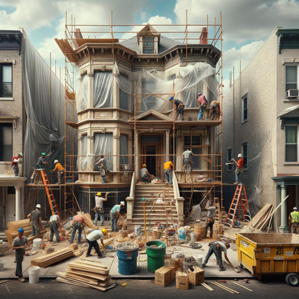 In una tranquilla strada di quartiere, una casa dalle vecchie pareti sbiadite si prepara a subire una trasformazione. Il cantiere di ristrutturazione è un’effervescente sinfonia di attività, con operai che lavorano con fervore per portare nuova vita all’edificio.All’esterno, impalcature avvolgono la casa come un abbraccio protettivo, mentre teloni di plastica proteggono le finestre e le porte dagli elementi. Il suono costante di martelli e trapani riempie l’aria, mescolandosi al vociare degli operai che si scambiano istruzioni e battute.Sul marciapiede, una serie di cassoni gialli e blu attendono di essere riempiti con detriti e materiali da smaltire. Alcuni operai si occupano di rimuovere vecchi elementi strutturali, facendo crollare muri interni per creare spazi più aperti e moderni.All’interno della casa, il suolo è coperto di trucioli di legno e sacchi di cemento, mentre l’odore pungente di vernice fresca si diffonde nell’aria. Elettricisti si arrampicano sulle scale per installare nuovi impianti elettrici, mentre idraulici lavorano sotto il lavandino della cucina per sostituire vecchie tubature con nuovi sistemi moderni.Nel soggiorno, operai abili rimuovono vecchi rivestimenti murali per scoprire le pareti di mattoni originarie, pronte ad essere restaurate e riportate al loro antico splendore. Lungo il corridoio, altri operai applicano stucco fresco e liscio, preparando le pareti per una nuova finitura.Nonostante il caos apparente, c’è un senso di eccitazione nell’aria, un’anticipazione per la trasformazione imminente. Ogni battito di martello e ogni pennellata di vernice porta l’edificio un passo più vicino alla sua nuova vita, pronta a accogliere i suoi abitanti con comfort e stile rinnovati.