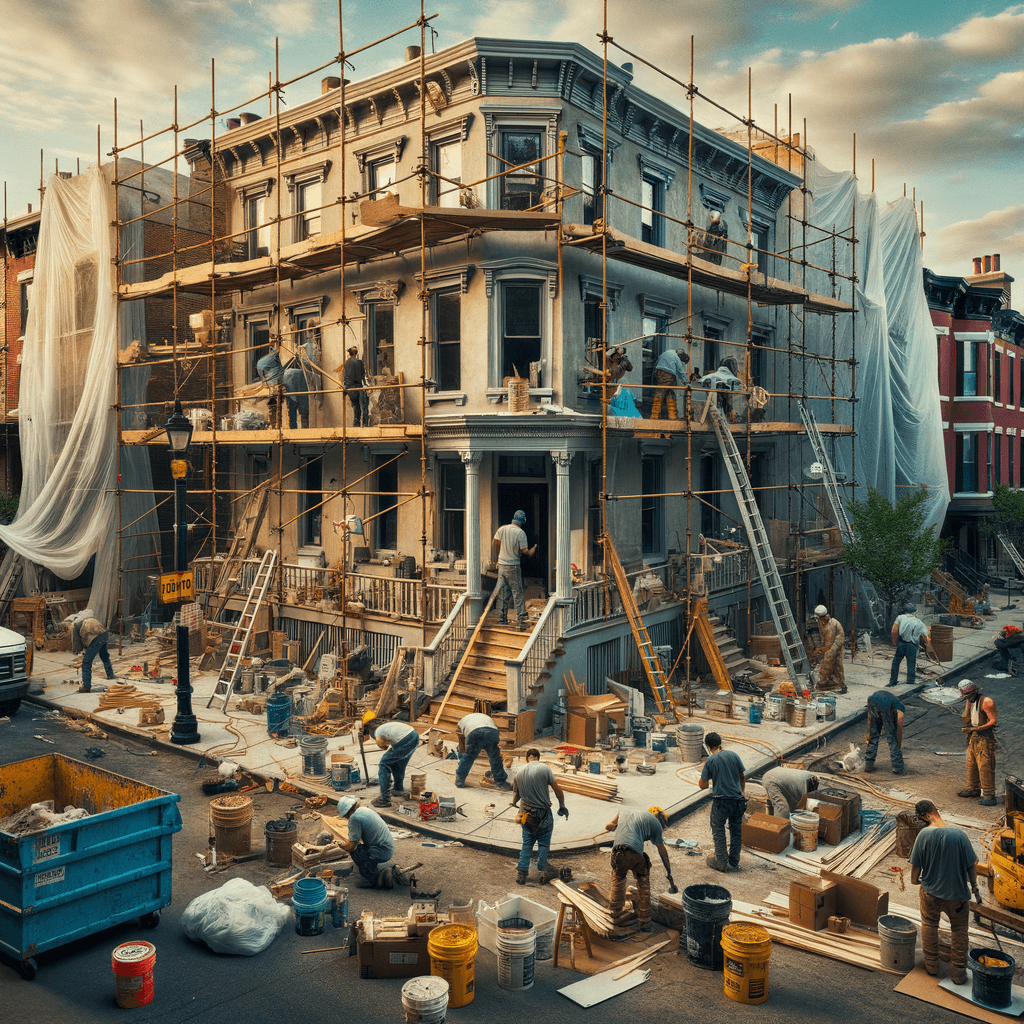 In una tranquilla strada di quartiere, una casa dalle vecchie pareti sbiadite si prepara a subire una trasformazione. Il cantiere di ristrutturazione è un’effervescente sinfonia di attività, con operai che lavorano con fervore per portare nuova vita all’edificio.All’esterno, impalcature avvolgono la casa come un abbraccio protettivo, mentre teloni di plastica proteggono le finestre e le porte dagli elementi. Il suono costante di martelli e trapani riempie l’aria, mescolandosi al vociare degli operai che si scambiano istruzioni e battute.Sul marciapiede, una serie di cassoni gialli e blu attendono di essere riempiti con detriti e materiali da smaltire. Alcuni operai si occupano di rimuovere vecchi elementi strutturali, facendo crollare muri interni per creare spazi più aperti e moderni.All’interno della casa, il suolo è coperto di trucioli di legno e sacchi di cemento, mentre l’odore pungente di vernice fresca si diffonde nell’aria. Elettricisti si arrampicano sulle scale per installare nuovi impianti elettrici, mentre idraulici lavorano sotto il lavandino della cucina per sostituire vecchie tubature con nuovi sistemi moderni.Nel soggiorno, operai abili rimuovono vecchi rivestimenti murali per scoprire le pareti di mattoni originarie, pronte ad essere restaurate e riportate al loro antico splendore. Lungo il corridoio, altri operai applicano stucco fresco e liscio, preparando le pareti per una nuova finitura.Nonostante il caos apparente, c’è un senso di eccitazione nell’aria, un’anticipazione per la trasformazione imminente. Ogni battito di martello e ogni pennellata di vernice porta l’edificio un passo più vicino alla sua nuova vita, pronta a accogliere i suoi abitanti con comfort e stile rinnovati.