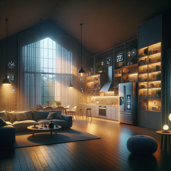 In una tranquilla casa di periferia, avvolta nell’atmosfera serena del pomeriggio, gli interni sono illuminati da una luce naturale che filtra attraverso le finestre. Non c’è nessuno in casa, ma il silenzio è interrotto solo dal leggero ronzio dei dispositivi elettronici.Nel soggiorno, la luce dell’ambiente si regola automaticamente, adattandosi alla luce naturale che varia con il trascorrere del giorno. Le tende si aprono e si chiudono delicatamente, seguendo un programma prestabilito per garantire la giusta quantità di luce e privacy in ogni momento.Nella cucina, un bollitore ad acqua si accende autonomamente, pronto a preparare una tazza di tè per il ritorno degli abitanti. Il frigorifero, dotato di sensori intelligenti, controlla costantemente la temperatura e la quantità di cibo al suo interno, avvisando di eventuali necessità di rifornimento o di problemi di conservazione.Nelle stanze da letto, i letti regolano automaticamente la loro temperatura e inclinazione per garantire un sonno confortevole. Le luci notturne si accendono dolcemente quando il sensore di movimento rileva un passaggio, illuminando il percorso senza disturbare il sonno.Nel bagno, il sistema di ventilazione si attiva autonomamente quando viene rilevata un’alta umidità, prevenendo la formazione di muffa e mantenendo l’ambiente fresco e asciutto.All’esterno, il sistema di irrigazione del giardino entra in azione, distribuendo l’acqua in modo uniforme e efficiente per mantenere il verde rigoglioso e vivace.Non c’è nessuno in casa, ma gli impianti di domotica lavorano instancabilmente per garantire il comfort, la sicurezza e l’efficienza energetica della dimora, creando un ambiente accogliente e funzionale che attende pazientemente il ritorno dei suoi abitanti.