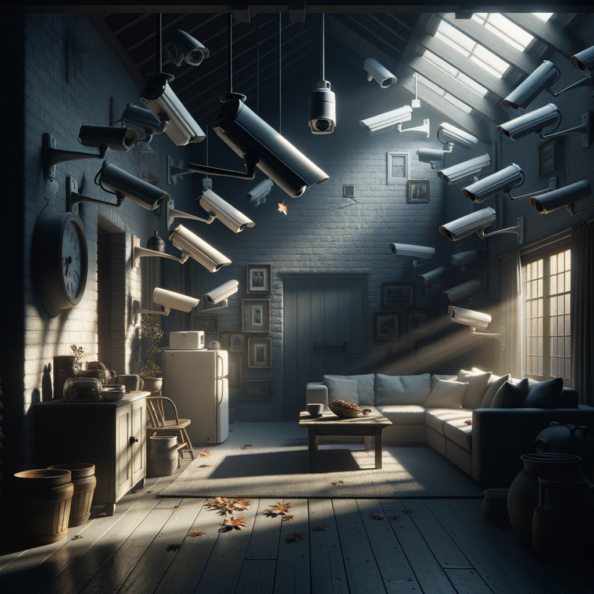 Nel silenzio di una casa deserta, l’unico rumore è il lieve ronzio dell’impianto di climatizzazione che riecheggia nei corridoi vuoti. L’atmosfera è tranquilla, ma gli occhi vigili delle telecamere di sorveglianza non conoscono riposo.Nella penombra delle stanze, le telecamere montate strategicamente scrutano ogni angolo con precisione chirurgica. Zoomano sui dettagli più piccoli, catturando ogni movimento, ogni variazione di luce, ogni segno di vita o di intrusione.Una telecamera montata sopra l’ingresso principale osserva silenziosamente mentre una foglia sospinta dal vento scivola sul marciapiede vuoto. Un’altra telecamera, posizionata nel soggiorno, inquadra il divano vuoto, la luce del sole che filtra dalle tende e crea motivi d’ombra sul pavimento immacolato.Nel frattempo, una terza telecamera panning, nascosta sotto un mobile, sorveglia la cucina, registrando ogni scatto del frigorifero che si apre e si chiude con il passaggio dell’aria condizionata.L’impianto di videosorveglianza funziona come un occhio onniveggente, senza emozioni né distrazioni. Non c’è bisogno di riposo o pausa, solo la continua vigilanza su ogni centimetro della casa.La casa, priva di persone, è avvolta nel suo silenzio solitario, ma gli occhi delle telecamere restano aperti, pronti a catturare qualsiasi evento che si verifichi, garantendo la sicurezza e la protezione anche quando gli abitanti sono lontani.