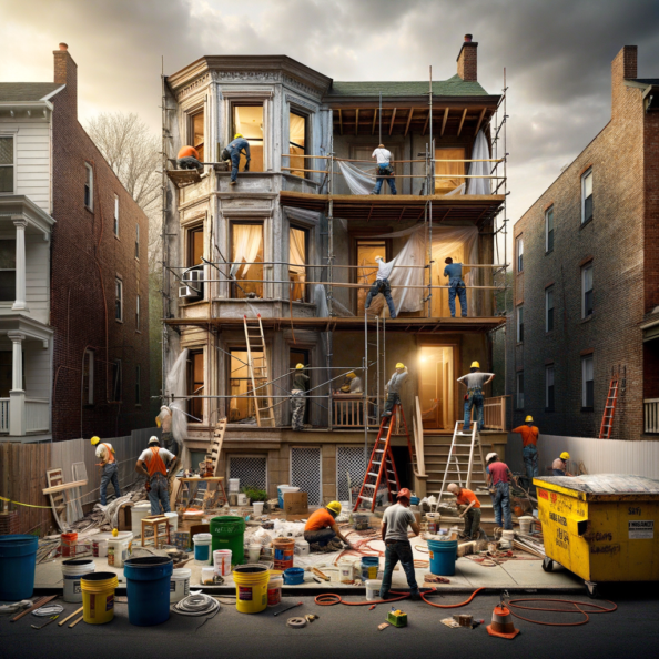 In una tranquilla strada di quartiere, una casa dalle vecchie pareti sbiadite si prepara a subire una trasformazione. Il cantiere di ristrutturazione è un’effervescente sinfonia di attività, con operai che lavorano con fervore per portare nuova vita all’edificio.All’esterno, impalcature avvolgono la casa come un abbraccio protettivo, mentre teloni di plastica proteggono le finestre e le porte dagli elementi. Il suono costante di martelli e trapani riempie l’aria, mescolandosi al vociare degli operai che si scambiano istruzioni e battute.Sul marciapiede, una serie di cassoni gialli e blu attendono di essere riempiti con detriti e materiali da smaltire. Alcuni operai si occupano di rimuovere vecchi elementi strutturali, facendo crollare muri interni per creare spazi più aperti e moderni.All’interno della casa, il suolo è coperto di trucioli di legno e sacchi di cemento, mentre l’odore pungente di vernice fresca si diffonde nell’aria. Elettricisti si arrampicano sulle scale per installare nuovi impianti elettrici, mentre idraulici lavorano sotto il lavandino della cucina per sostituire vecchie tubature con nuovi sistemi moderni.Nel soggiorno, operai abili rimuovono vecchi rivestimenti murali per scoprire le pareti di mattoni originarie, pronte ad essere restaurate e riportate al loro antico splendore. Lungo il corridoio, altri operai applicano stucco fresco e liscio, preparando le pareti per una nuova finitura.Nonostante il caos apparente, c’è un senso di eccitazione nell’aria, un’anticipazione per la trasformazione imminente. Ogni battito di martello e ogni pennellata di vernice porta l’edificio un passo più vicino alla sua nuova vita, pronta a accogliere i suoi abitanti con comfort e stile rinnovati.