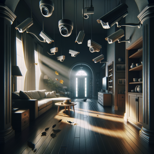 Nel silenzio di una casa deserta, l’unico rumore è il lieve ronzio dell’impianto di climatizzazione che riecheggia nei corridoi vuoti. L’atmosfera è tranquilla, ma gli occhi vigili delle telecamere di sorveglianza non conoscono riposo.Nella penombra delle stanze, le telecamere montate strategicamente scrutano ogni angolo con precisione chirurgica. Zoomano sui dettagli più piccoli, catturando ogni movimento, ogni variazione di luce, ogni segno di vita o di intrusione.Una telecamera montata sopra l’ingresso principale osserva silenziosamente mentre una foglia sospinta dal vento scivola sul marciapiede vuoto. Un’altra telecamera, posizionata nel soggiorno, inquadra il divano vuoto, la luce del sole che filtra dalle tende e crea motivi d’ombra sul pavimento immacolato.Nel frattempo, una terza telecamera panning, nascosta sotto un mobile, sorveglia la cucina, registrando ogni scatto del frigorifero che si apre e si chiude con il passaggio dell’aria condizionata.L’impianto di videosorveglianza funziona come un occhio onniveggente, senza emozioni né distrazioni. Non c’è bisogno di riposo o pausa, solo la continua vigilanza su ogni centimetro della casa.La casa, priva di persone, è avvolta nel suo silenzio solitario, ma gli occhi delle telecamere restano aperti, pronti a catturare qualsiasi evento che si verifichi, garantendo la sicurezza e la protezione anche quando gli abitanti sono lontani.