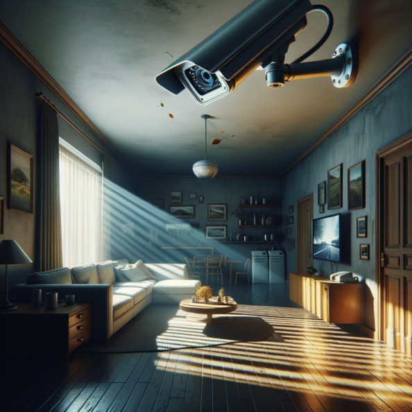 Nel silenzio di una casa deserta, l’unico rumore è il lieve ronzio dell’impianto di climatizzazione che riecheggia nei corridoi vuoti. L’atmosfera è tranquilla, ma gli occhi vigili delle telecamere di sorveglianza non conoscono riposo.Nella penombra delle stanze, le telecamere montate strategicamente scrutano ogni angolo con precisione chirurgica. Zoomano sui dettagli più piccoli, catturando ogni movimento, ogni variazione di luce, ogni segno di vita o di intrusione.Una telecamera montata sopra l’ingresso principale osserva silenziosamente mentre una foglia sospinta dal vento scivola sul marciapiede vuoto. Un’altra telecamera, posizionata nel soggiorno, inquadra il divano vuoto, la luce del sole che filtra dalle tende e crea motivi d’ombra sul pavimento immacolato.Nel frattempo, una terza telecamera panning, nascosta sotto un mobile, sorveglia la cucina, registrando ogni scatto del frigorifero che si apre e si chiude con il passaggio dell’aria condizionata.L’impianto di videosorveglianza funziona come un occhio onniveggente, senza emozioni né distrazioni. Non c’è bisogno di riposo o pausa, solo la continua vigilanza su ogni centimetro della casa.La casa, priva di persone, è avvolta nel suo silenzio solitario, ma gli occhi delle telecamere restano aperti, pronti a catturare qualsiasi evento che si verifichi, garantendo la sicurezza e la protezione anche quando gli abitanti sono lontani.