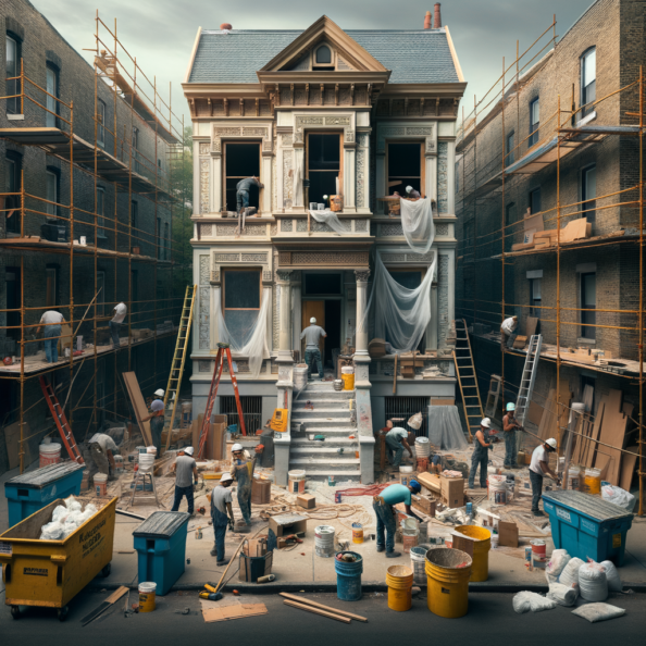 In una tranquilla strada di quartiere, una casa dalle vecchie pareti sbiadite si prepara a subire una trasformazione. Il cantiere di ristrutturazione è un’effervescente sinfonia di attività, con operai che lavorano con fervore per portare nuova vita all’edificio.All’esterno, impalcature avvolgono la casa come un abbraccio protettivo, mentre teloni di plastica proteggono le finestre e le porte dagli elementi. Il suono costante di martelli e trapani riempie l’aria, mescolandosi al vociare degli operai che si scambiano istruzioni e battute.Sul marciapiede, una serie di cassoni gialli e blu attendono di essere riempiti con detriti e materiali da smaltire. Alcuni operai si occupano di rimuovere vecchi elementi strutturali, facendo crollare muri interni per creare spazi più aperti e moderni.All’interno della casa, il suolo è coperto di trucioli di legno e sacchi di cemento, mentre l’odore pungente di vernice fresca si diffonde nell’aria. Elettricisti si arrampicano sulle scale per installare nuovi impianti elettrici, mentre idraulici lavorano sotto il lavandino della cucina per sostituire vecchie tubature con nuovi sistemi moderni.Nel soggiorno, operai abili rimuovono vecchi rivestimenti murali per scoprire le pareti di mattoni originarie, pronte ad essere restaurate e riportate al loro antico splendore. Lungo il corridoio, altri operai applicano stucco fresco e liscio, preparando le pareti per una nuova finitura.Nonostante il caos apparente, c’è un senso di eccitazione nell’aria, un’anticipazione per la trasformazione imminente. Ogni battito di martello e ogni pennellata di vernice porta l’edificio un passo più vicino alla sua nuova vita, pronta a accogliere i suoi abitanti con comfort e stile rinnovati.