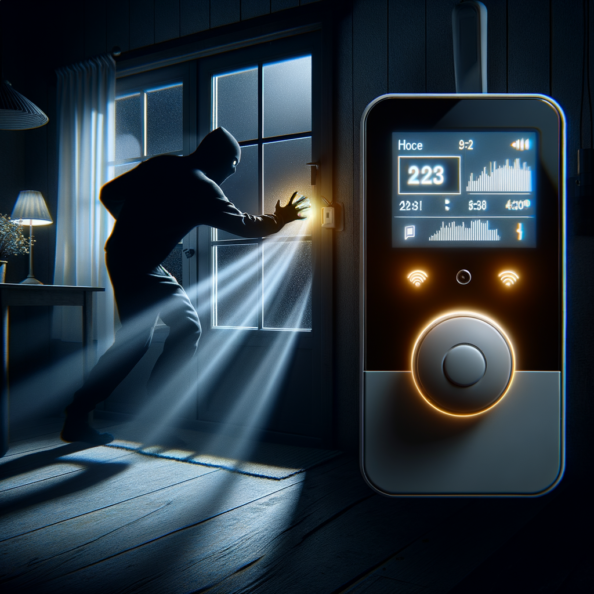 Mentre l’intruso tenta di forzare la finestra, mostra un sottile raggio di luce infrarossa che viene disturbato. In primo piano, un sensore di movimento nascosto nel buio cattura il cambiamento e invia un segnale al sistema di sicurezza. All’interno della casa, mostra il pannello di controllo digitale che si illumina improvvisamente, mentre un allarme discreto ma penetrante risuona nell’aria calma della notte.