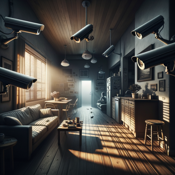 Nel silenzio di una casa deserta, l’unico rumore è il lieve ronzio dell’impianto di climatizzazione che riecheggia nei corridoi vuoti. L’atmosfera è tranquilla, ma gli occhi vigili delle telecamere di sorveglianza non conoscono riposo.Nella penombra delle stanze, le telecamere montate strategicamente scrutano ogni angolo con precisione chirurgica. Zoomano sui dettagli più piccoli, catturando ogni movimento, ogni variazione di luce, ogni segno di vita o di intrusione.Una telecamera montata sopra l’ingresso principale osserva silenziosamente mentre una foglia sospinta dal vento scivola sul marciapiede vuoto. Un’altra telecamera, posizionata nel soggiorno, inquadra il divano vuoto, la luce del sole che filtra dalle tende e crea motivi d’ombra sul pavimento immacolato.Nel frattempo, una terza telecamera panning, nascosta sotto un mobile, sorveglia la cucina, registrando ogni scatto del frigorifero che si apre e si chiude con il passaggio dell’aria condizionata.L’impianto di videosorveglianza funziona come un occhio onniveggente, senza emozioni né distrazioni. Non c’è bisogno di riposo o pausa, solo la continua vigilanza su ogni centimetro della casa.La casa, priva di persone, è avvolta nel suo silenzio solitario, ma gli occhi delle telecamere restano aperti, pronti a catturare qualsiasi evento che si verifichi, garantendo la sicurezza e la protezione anche quando gli abitanti sono lontani.