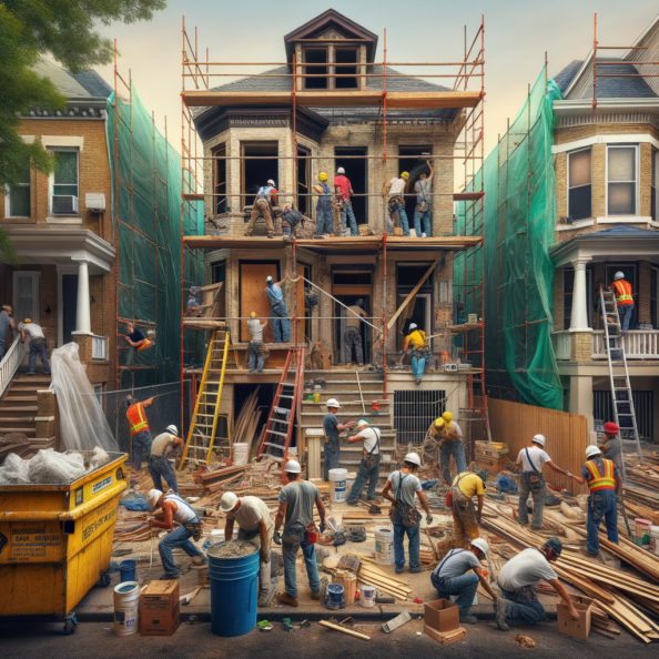 In una tranquilla strada di quartiere, una casa dalle vecchie pareti sbiadite si prepara a subire una trasformazione. Il cantiere di ristrutturazione è un’effervescente sinfonia di attività, con operai che lavorano con fervore per portare nuova vita all’edificio.All’esterno, impalcature avvolgono la casa come un abbraccio protettivo, mentre teloni di plastica proteggono le finestre e le porte dagli elementi. Il suono costante di martelli e trapani riempie l’aria, mescolandosi al vociare degli operai che si scambiano istruzioni e battute.Sul marciapiede, una serie di cassoni gialli e blu attendono di essere riempiti con detriti e materiali da smaltire. Alcuni operai si occupano di rimuovere vecchi elementi strutturali, facendo crollare muri interni per creare spazi più aperti e moderni.All’interno della casa, il suolo è coperto di trucioli di legno e sacchi di cemento, mentre l’odore pungente di vernice fresca si diffonde nell’aria. Elettricisti si arrampicano sulle scale per installare nuovi impianti elettrici, mentre idraulici lavorano sotto il lavandino della cucina per sostituire vecchie tubature con nuovi sistemi moderni.Nel soggiorno, operai abili rimuovono vecchi rivestimenti murali per scoprire le pareti di mattoni originarie, pronte ad essere restaurate e riportate al loro antico splendore. Lungo il corridoio, altri operai applicano stucco fresco e liscio, preparando le pareti per una nuova finitura.Nonostante il caos apparente, c’è un senso di eccitazione nell’aria, un’anticipazione per la trasformazione imminente. Ogni battito di martello e ogni pennellata di vernice porta l’edificio un passo più vicino alla sua nuova vita, pronta a accogliere i suoi abitanti con comfort e stile rinnovati.