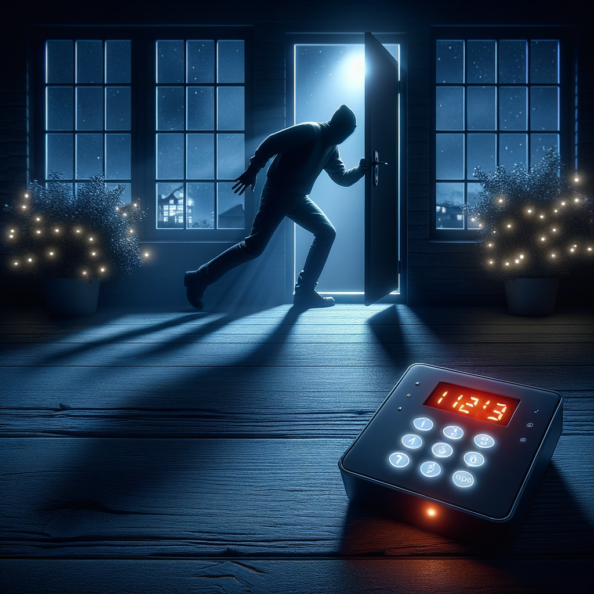 Mentre l’intruso tenta di forzare la finestra, mostra un sottile raggio di luce infrarossa che viene disturbato. In primo piano, un sensore di movimento nascosto nel buio cattura il cambiamento e invia un segnale al sistema di sicurezza. All’interno della casa, mostra il pannello di controllo digitale che si illumina improvvisamente, mentre un allarme discreto ma penetrante risuona nell’aria calma della notte.