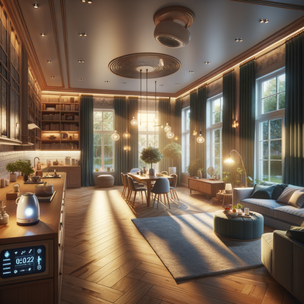 In una tranquilla casa di periferia, avvolta nell’atmosfera serena del pomeriggio, gli interni sono illuminati da una luce naturale che filtra attraverso le finestre. Non c’è nessuno in casa, ma il silenzio è interrotto solo dal leggero ronzio dei dispositivi elettronici.Nel soggiorno, la luce dell’ambiente si regola automaticamente, adattandosi alla luce naturale che varia con il trascorrere del giorno. Le tende si aprono e si chiudono delicatamente, seguendo un programma prestabilito per garantire la giusta quantità di luce e privacy in ogni momento.Nella cucina, un bollitore ad acqua si accende autonomamente, pronto a preparare una tazza di tè per il ritorno degli abitanti. Il frigorifero, dotato di sensori intelligenti, controlla costantemente la temperatura e la quantità di cibo al suo interno, avvisando di eventuali necessità di rifornimento o di problemi di conservazione.Nelle stanze da letto, i letti regolano automaticamente la loro temperatura e inclinazione per garantire un sonno confortevole. Le luci notturne si accendono dolcemente quando il sensore di movimento rileva un passaggio, illuminando il percorso senza disturbare il sonno.Nel bagno, il sistema di ventilazione si attiva autonomamente quando viene rilevata un’alta umidità, prevenendo la formazione di muffa e mantenendo l’ambiente fresco e asciutto.All’esterno, il sistema di irrigazione del giardino entra in azione, distribuendo l’acqua in modo uniforme e efficiente per mantenere il verde rigoglioso e vivace.Non c’è nessuno in casa, ma gli impianti di domotica lavorano instancabilmente per garantire il comfort, la sicurezza e l’efficienza energetica della dimora, creando un ambiente accogliente e funzionale che attende pazientemente il ritorno dei suoi abitanti.