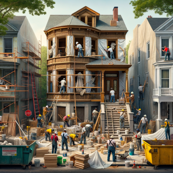 In una tranquilla strada di quartiere, una casa dalle vecchie pareti sbiadite si prepara a subire una trasformazione. Il cantiere di ristrutturazione è un’effervescente sinfonia di attività, con operai che lavorano con fervore per portare nuova vita all’edificio.All’esterno, impalcature avvolgono la casa come un abbraccio protettivo, mentre teloni di plastica proteggono le finestre e le porte dagli elementi. Il suono costante di martelli e trapani riempie l’aria, mescolandosi al vociare degli operai che si scambiano istruzioni e battute.Sul marciapiede, una serie di cassoni gialli e blu attendono di essere riempiti con detriti e materiali da smaltire. Alcuni operai si occupano di rimuovere vecchi elementi strutturali, facendo crollare muri interni per creare spazi più aperti e moderni.All’interno della casa, il suolo è coperto di trucioli di legno e sacchi di cemento, mentre l’odore pungente di vernice fresca si diffonde nell’aria. Elettricisti si arrampicano sulle scale per installare nuovi impianti elettrici, mentre idraulici lavorano sotto il lavandino della cucina per sostituire vecchie tubature con nuovi sistemi moderni.Nel soggiorno, operai abili rimuovono vecchi rivestimenti murali per scoprire le pareti di mattoni originarie, pronte ad essere restaurate e riportate al loro antico splendore. Lungo il corridoio, altri operai applicano stucco fresco e liscio, preparando le pareti per una nuova finitura.Nonostante il caos apparente, c’è un senso di eccitazione nell’aria, un’anticipazione per la trasformazione imminente. Ogni battito di martello e ogni pennellata di vernice porta l’edificio un passo più vicino alla sua nuova vita, pronta a accogliere i suoi abitanti con comfort e stile rinnovati.