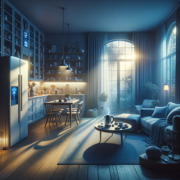 In una tranquilla casa di periferia, avvolta nell’atmosfera serena del pomeriggio, gli interni sono illuminati da una luce naturale che filtra attraverso le finestre. Non c’è nessuno in casa, ma il silenzio è interrotto solo dal leggero ronzio dei dispositivi elettronici.Nel soggiorno, la luce dell’ambiente si regola automaticamente, adattandosi alla luce naturale che varia con il trascorrere del giorno. Le tende si aprono e si chiudono delicatamente, seguendo un programma prestabilito per garantire la giusta quantità di luce e privacy in ogni momento.Nella cucina, un bollitore ad acqua si accende autonomamente, pronto a preparare una tazza di tè per il ritorno degli abitanti. Il frigorifero, dotato di sensori intelligenti, controlla costantemente la temperatura e la quantità di cibo al suo interno, avvisando di eventuali necessità di rifornimento o di problemi di conservazione.Nelle stanze da letto, i letti regolano automaticamente la loro temperatura e inclinazione per garantire un sonno confortevole. Le luci notturne si accendono dolcemente quando il sensore di movimento rileva un passaggio, illuminando il percorso senza disturbare il sonno.Nel bagno, il sistema di ventilazione si attiva autonomamente quando viene rilevata un’alta umidità, prevenendo la formazione di muffa e mantenendo l’ambiente fresco e asciutto.All’esterno, il sistema di irrigazione del giardino entra in azione, distribuendo l’acqua in modo uniforme e efficiente per mantenere il verde rigoglioso e vivace.Non c’è nessuno in casa, ma gli impianti di domotica lavorano instancabilmente per garantire il comfort, la sicurezza e l’efficienza energetica della dimora, creando un ambiente accogliente e funzionale che attende pazientemente il ritorno dei suoi abitanti.