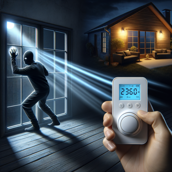 Mentre l’intruso tenta di forzare la finestra, mostra un sottile raggio di luce infrarossa che viene disturbato. In primo piano, un sensore di movimento nascosto nel buio cattura il cambiamento e invia un segnale al sistema di sicurezza. All’interno della casa, mostra il pannello di controllo digitale che si illumina improvvisamente, mentre un allarme discreto ma penetrante risuona nell’aria calma della notte.