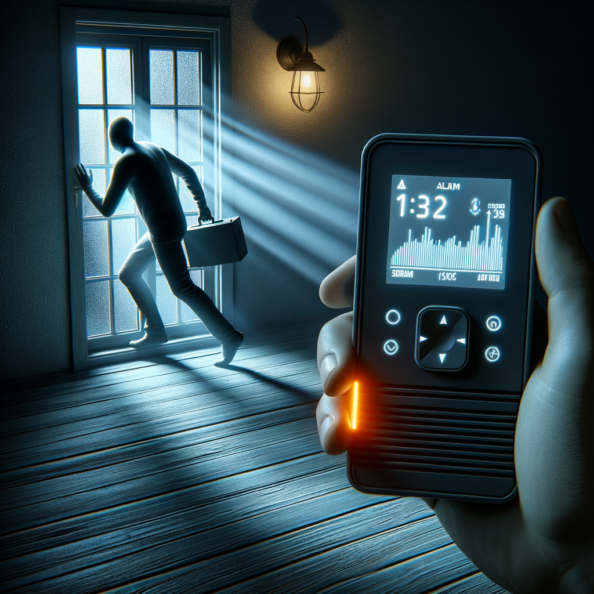 Mentre l’intruso tenta di forzare la finestra, mostra un sottile raggio di luce infrarossa che viene disturbato. In primo piano, un sensore di movimento nascosto nel buio cattura il cambiamento e invia un segnale al sistema di sicurezza. All’interno della casa, mostra il pannello di controllo digitale che si illumina improvvisamente, mentre un allarme discreto ma penetrante risuona nell’aria calma della notte.