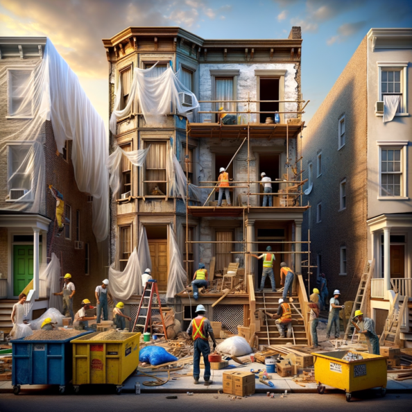 In una tranquilla strada di quartiere, una casa dalle vecchie pareti sbiadite si prepara a subire una trasformazione. Il cantiere di ristrutturazione è un’effervescente sinfonia di attività, con operai che lavorano con fervore per portare nuova vita all’edificio.All’esterno, impalcature avvolgono la casa come un abbraccio protettivo, mentre teloni di plastica proteggono le finestre e le porte dagli elementi. Il suono costante di martelli e trapani riempie l’aria, mescolandosi al vociare degli operai che si scambiano istruzioni e battute.Sul marciapiede, una serie di cassoni gialli e blu attendono di essere riempiti con detriti e materiali da smaltire. Alcuni operai si occupano di rimuovere vecchi elementi strutturali, facendo crollare muri interni per creare spazi più aperti e moderni.All’interno della casa, il suolo è coperto di trucioli di legno e sacchi di cemento, mentre l’odore pungente di vernice fresca si diffonde nell’aria. Elettricisti si arrampicano sulle scale per installare nuovi impianti elettrici, mentre idraulici lavorano sotto il lavandino della cucina per sostituire vecchie tubature con nuovi sistemi moderni.Nel soggiorno, operai abili rimuovono vecchi rivestimenti murali per scoprire le pareti di mattoni originarie, pronte ad essere restaurate e riportate al loro antico splendore. Lungo il corridoio, altri operai applicano stucco fresco e liscio, preparando le pareti per una nuova finitura.Nonostante il caos apparente, c’è un senso di eccitazione nell’aria, un’anticipazione per la trasformazione imminente. Ogni battito di martello e ogni pennellata di vernice porta l’edificio un passo più vicino alla sua nuova vita, pronta a accogliere i suoi abitanti con comfort e stile rinnovati.