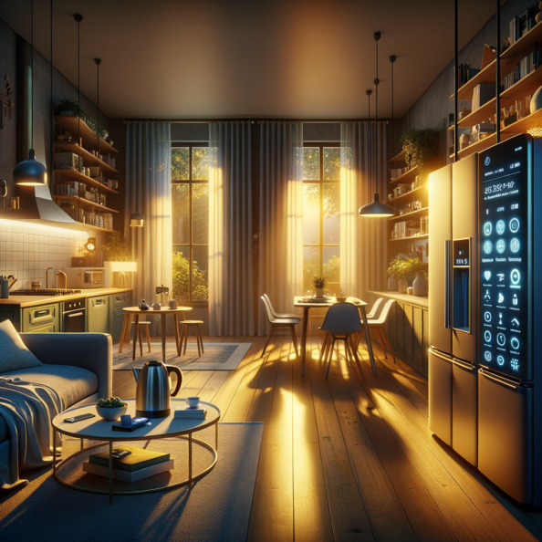 In una tranquilla casa di periferia, avvolta nell’atmosfera serena del pomeriggio, gli interni sono illuminati da una luce naturale che filtra attraverso le finestre. Non c’è nessuno in casa, ma il silenzio è interrotto solo dal leggero ronzio dei dispositivi elettronici.Nel soggiorno, la luce dell’ambiente si regola automaticamente, adattandosi alla luce naturale che varia con il trascorrere del giorno. Le tende si aprono e si chiudono delicatamente, seguendo un programma prestabilito per garantire la giusta quantità di luce e privacy in ogni momento.Nella cucina, un bollitore ad acqua si accende autonomamente, pronto a preparare una tazza di tè per il ritorno degli abitanti. Il frigorifero, dotato di sensori intelligenti, controlla costantemente la temperatura e la quantità di cibo al suo interno, avvisando di eventuali necessità di rifornimento o di problemi di conservazione.Nelle stanze da letto, i letti regolano automaticamente la loro temperatura e inclinazione per garantire un sonno confortevole. Le luci notturne si accendono dolcemente quando il sensore di movimento rileva un passaggio, illuminando il percorso senza disturbare il sonno.Nel bagno, il sistema di ventilazione si attiva autonomamente quando viene rilevata un’alta umidità, prevenendo la formazione di muffa e mantenendo l’ambiente fresco e asciutto.All’esterno, il sistema di irrigazione del giardino entra in azione, distribuendo l’acqua in modo uniforme e efficiente per mantenere il verde rigoglioso e vivace.Non c’è nessuno in casa, ma gli impianti di domotica lavorano instancabilmente per garantire il comfort, la sicurezza e l’efficienza energetica della dimora, creando un ambiente accogliente e funzionale che attende pazientemente il ritorno dei suoi abitanti.