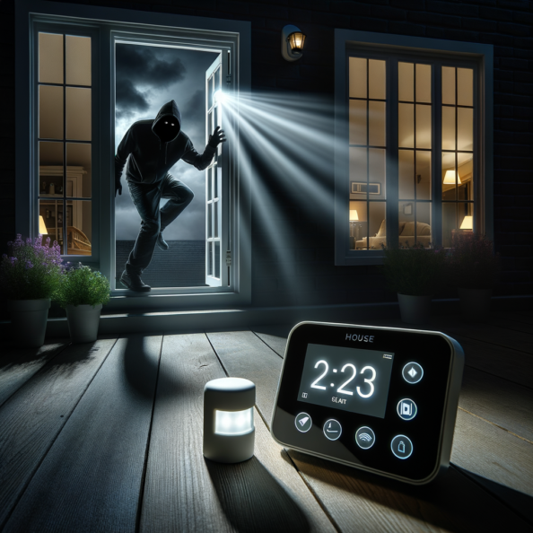 Mentre l’intruso tenta di forzare la finestra, mostra un sottile raggio di luce infrarossa che viene disturbato. In primo piano, un sensore di movimento nascosto nel buio cattura il cambiamento e invia un segnale al sistema di sicurezza. All’interno della casa, mostra il pannello di controllo digitale che si illumina improvvisamente, mentre un allarme discreto ma penetrante risuona nell’aria calma della notte.