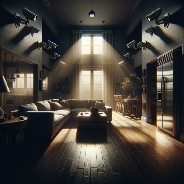 Nel silenzio di una casa deserta, l’unico rumore è il lieve ronzio dell’impianto di climatizzazione che riecheggia nei corridoi vuoti. L’atmosfera è tranquilla, ma gli occhi vigili delle telecamere di sorveglianza non conoscono riposo.Nella penombra delle stanze, le telecamere montate strategicamente scrutano ogni angolo con precisione chirurgica. Zoomano sui dettagli più piccoli, catturando ogni movimento, ogni variazione di luce, ogni segno di vita o di intrusione.Una telecamera montata sopra l’ingresso principale osserva silenziosamente mentre una foglia sospinta dal vento scivola sul marciapiede vuoto. Un’altra telecamera, posizionata nel soggiorno, inquadra il divano vuoto, la luce del sole che filtra dalle tende e crea motivi d’ombra sul pavimento immacolato.Nel frattempo, una terza telecamera panning, nascosta sotto un mobile, sorveglia la cucina, registrando ogni scatto del frigorifero che si apre e si chiude con il passaggio dell’aria condizionata.L’impianto di videosorveglianza funziona come un occhio onniveggente, senza emozioni né distrazioni. Non c’è bisogno di riposo o pausa, solo la continua vigilanza su ogni centimetro della casa.La casa, priva di persone, è avvolta nel suo silenzio solitario, ma gli occhi delle telecamere restano aperti, pronti a catturare qualsiasi evento che si verifichi, garantendo la sicurezza e la protezione anche quando gli abitanti sono lontani.