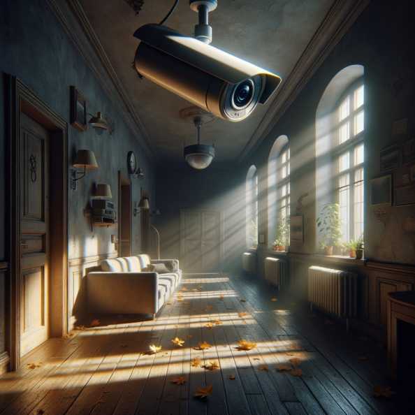 Nel silenzio di una casa deserta, l’unico rumore è il lieve ronzio dell’impianto di climatizzazione che riecheggia nei corridoi vuoti. L’atmosfera è tranquilla, ma gli occhi vigili delle telecamere di sorveglianza non conoscono riposo.Nella penombra delle stanze, le telecamere montate strategicamente scrutano ogni angolo con precisione chirurgica. Zoomano sui dettagli più piccoli, catturando ogni movimento, ogni variazione di luce, ogni segno di vita o di intrusione.Una telecamera montata sopra l’ingresso principale osserva silenziosamente mentre una foglia sospinta dal vento scivola sul marciapiede vuoto. Un’altra telecamera, posizionata nel soggiorno, inquadra il divano vuoto, la luce del sole che filtra dalle tende e crea motivi d’ombra sul pavimento immacolato.Nel frattempo, una terza telecamera panning, nascosta sotto un mobile, sorveglia la cucina, registrando ogni scatto del frigorifero che si apre e si chiude con il passaggio dell’aria condizionata.L’impianto di videosorveglianza funziona come un occhio onniveggente, senza emozioni né distrazioni. Non c’è bisogno di riposo o pausa, solo la continua vigilanza su ogni centimetro della casa.La casa, priva di persone, è avvolta nel suo silenzio solitario, ma gli occhi delle telecamere restano aperti, pronti a catturare qualsiasi evento che si verifichi, garantendo la sicurezza e la protezione anche quando gli abitanti sono lontani.