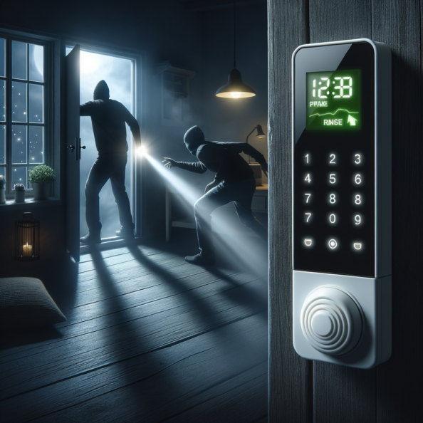 Mentre l’intruso tenta di forzare la finestra, mostra un sottile raggio di luce infrarossa che viene disturbato. In primo piano, un sensore di movimento nascosto nel buio cattura il cambiamento e invia un segnale al sistema di sicurezza. All’interno della casa, mostra il pannello di controllo digitale che si illumina improvvisamente, mentre un allarme discreto ma penetrante risuona nell’aria calma della notte.