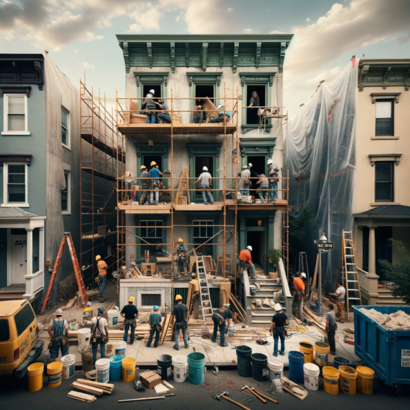 In una tranquilla strada di quartiere, una casa dalle vecchie pareti sbiadite si prepara a subire una trasformazione. Il cantiere di ristrutturazione è un’effervescente sinfonia di attività, con operai che lavorano con fervore per portare nuova vita all’edificio.All’esterno, impalcature avvolgono la casa come un abbraccio protettivo, mentre teloni di plastica proteggono le finestre e le porte dagli elementi. Il suono costante di martelli e trapani riempie l’aria, mescolandosi al vociare degli operai che si scambiano istruzioni e battute.Sul marciapiede, una serie di cassoni gialli e blu attendono di essere riempiti con detriti e materiali da smaltire. Alcuni operai si occupano di rimuovere vecchi elementi strutturali, facendo crollare muri interni per creare spazi più aperti e moderni.All’interno della casa, il suolo è coperto di trucioli di legno e sacchi di cemento, mentre l’odore pungente di vernice fresca si diffonde nell’aria. Elettricisti si arrampicano sulle scale per installare nuovi impianti elettrici, mentre idraulici lavorano sotto il lavandino della cucina per sostituire vecchie tubature con nuovi sistemi moderni.Nel soggiorno, operai abili rimuovono vecchi rivestimenti murali per scoprire le pareti di mattoni originarie, pronte ad essere restaurate e riportate al loro antico splendore. Lungo il corridoio, altri operai applicano stucco fresco e liscio, preparando le pareti per una nuova finitura.Nonostante il caos apparente, c’è un senso di eccitazione nell’aria, un’anticipazione per la trasformazione imminente. Ogni battito di martello e ogni pennellata di vernice porta l’edificio un passo più vicino alla sua nuova vita, pronta a accogliere i suoi abitanti con comfort e stile rinnovati.