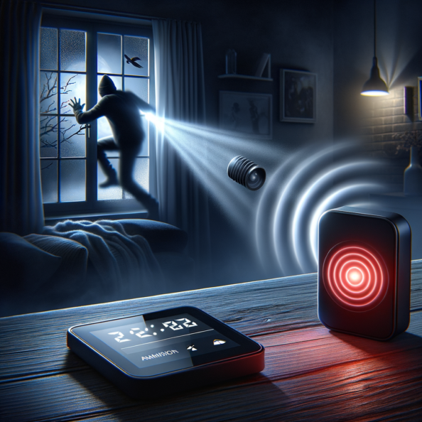 Mentre l’intruso tenta di forzare la finestra, mostra un sottile raggio di luce infrarossa che viene disturbato. In primo piano, un sensore di movimento nascosto nel buio cattura il cambiamento e invia un segnale al sistema di sicurezza. All’interno della casa, mostra il pannello di controllo digitale che si illumina improvvisamente, mentre un allarme discreto ma penetrante risuona nell’aria calma della notte.