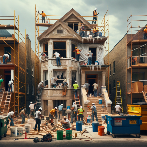 In una tranquilla strada di quartiere, una casa dalle vecchie pareti sbiadite si prepara a subire una trasformazione. Il cantiere di ristrutturazione è un’effervescente sinfonia di attività, con operai che lavorano con fervore per portare nuova vita all’edificio.All’esterno, impalcature avvolgono la casa come un abbraccio protettivo, mentre teloni di plastica proteggono le finestre e le porte dagli elementi. Il suono costante di martelli e trapani riempie l’aria, mescolandosi al vociare degli operai che si scambiano istruzioni e battute.Sul marciapiede, una serie di cassoni gialli e blu attendono di essere riempiti con detriti e materiali da smaltire. Alcuni operai si occupano di rimuovere vecchi elementi strutturali, facendo crollare muri interni per creare spazi più aperti e moderni.All’interno della casa, il suolo è coperto di trucioli di legno e sacchi di cemento, mentre l’odore pungente di vernice fresca si diffonde nell’aria. Elettricisti si arrampicano sulle scale per installare nuovi impianti elettrici, mentre idraulici lavorano sotto il lavandino della cucina per sostituire vecchie tubature con nuovi sistemi moderni.Nel soggiorno, operai abili rimuovono vecchi rivestimenti murali per scoprire le pareti di mattoni originarie, pronte ad essere restaurate e riportate al loro antico splendore. Lungo il corridoio, altri operai applicano stucco fresco e liscio, preparando le pareti per una nuova finitura.Nonostante il caos apparente, c’è un senso di eccitazione nell’aria, un’anticipazione per la trasformazione imminente. Ogni battito di martello e ogni pennellata di vernice porta l’edificio un passo più vicino alla sua nuova vita, pronta a accogliere i suoi abitanti con comfort e stile rinnovati.