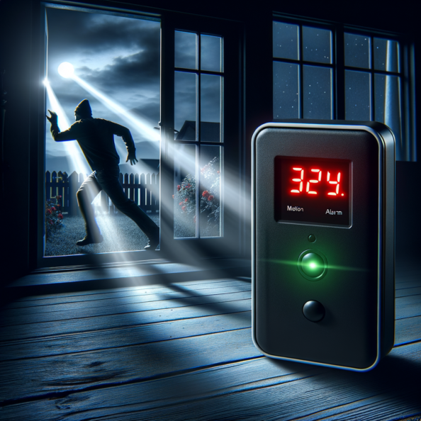 Mentre l’intruso tenta di forzare la finestra, mostra un sottile raggio di luce infrarossa che viene disturbato. In primo piano, un sensore di movimento nascosto nel buio cattura il cambiamento e invia un segnale al sistema di sicurezza. All’interno della casa, mostra il pannello di controllo digitale che si illumina improvvisamente, mentre un allarme discreto ma penetrante risuona nell’aria calma della notte.