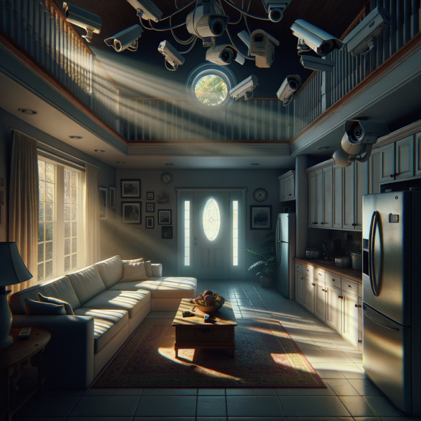 Nel silenzio di una casa deserta, l’unico rumore è il lieve ronzio dell’impianto di climatizzazione che riecheggia nei corridoi vuoti. L’atmosfera è tranquilla, ma gli occhi vigili delle telecamere di sorveglianza non conoscono riposo.Nella penombra delle stanze, le telecamere montate strategicamente scrutano ogni angolo con precisione chirurgica. Zoomano sui dettagli più piccoli, catturando ogni movimento, ogni variazione di luce, ogni segno di vita o di intrusione.Una telecamera montata sopra l’ingresso principale osserva silenziosamente mentre una foglia sospinta dal vento scivola sul marciapiede vuoto. Un’altra telecamera, posizionata nel soggiorno, inquadra il divano vuoto, la luce del sole che filtra dalle tende e crea motivi d’ombra sul pavimento immacolato.Nel frattempo, una terza telecamera panning, nascosta sotto un mobile, sorveglia la cucina, registrando ogni scatto del frigorifero che si apre e si chiude con il passaggio dell’aria condizionata.L’impianto di videosorveglianza funziona come un occhio onniveggente, senza emozioni né distrazioni. Non c’è bisogno di riposo o pausa, solo la continua vigilanza su ogni centimetro della casa.La casa, priva di persone, è avvolta nel suo silenzio solitario, ma gli occhi delle telecamere restano aperti, pronti a catturare qualsiasi evento che si verifichi, garantendo la sicurezza e la protezione anche quando gli abitanti sono lontani.