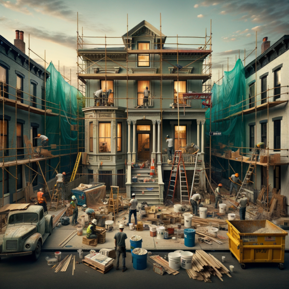 In una tranquilla strada di quartiere, una casa dalle vecchie pareti sbiadite si prepara a subire una trasformazione. Il cantiere di ristrutturazione è un’effervescente sinfonia di attività, con operai che lavorano con fervore per portare nuova vita all’edificio.All’esterno, impalcature avvolgono la casa come un abbraccio protettivo, mentre teloni di plastica proteggono le finestre e le porte dagli elementi. Il suono costante di martelli e trapani riempie l’aria, mescolandosi al vociare degli operai che si scambiano istruzioni e battute.Sul marciapiede, una serie di cassoni gialli e blu attendono di essere riempiti con detriti e materiali da smaltire. Alcuni operai si occupano di rimuovere vecchi elementi strutturali, facendo crollare muri interni per creare spazi più aperti e moderni.All’interno della casa, il suolo è coperto di trucioli di legno e sacchi di cemento, mentre l’odore pungente di vernice fresca si diffonde nell’aria. Elettricisti si arrampicano sulle scale per installare nuovi impianti elettrici, mentre idraulici lavorano sotto il lavandino della cucina per sostituire vecchie tubature con nuovi sistemi moderni.Nel soggiorno, operai abili rimuovono vecchi rivestimenti murali per scoprire le pareti di mattoni originarie, pronte ad essere restaurate e riportate al loro antico splendore. Lungo il corridoio, altri operai applicano stucco fresco e liscio, preparando le pareti per una nuova finitura.Nonostante il caos apparente, c’è un senso di eccitazione nell’aria, un’anticipazione per la trasformazione imminente. Ogni battito di martello e ogni pennellata di vernice porta l’edificio un passo più vicino alla sua nuova vita, pronta a accogliere i suoi abitanti con comfort e stile rinnovati.