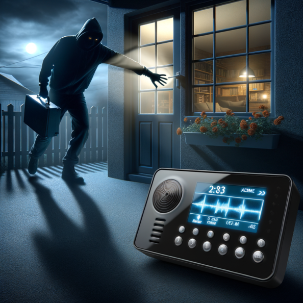 Mentre l’intruso tenta di forzare la finestra, mostra un sottile raggio di luce infrarossa che viene disturbato. In primo piano, un sensore di movimento nascosto nel buio cattura il cambiamento e invia un segnale al sistema di sicurezza. All’interno della casa, mostra il pannello di controllo digitale che si illumina improvvisamente, mentre un allarme discreto ma penetrante risuona nell’aria calma della notte.